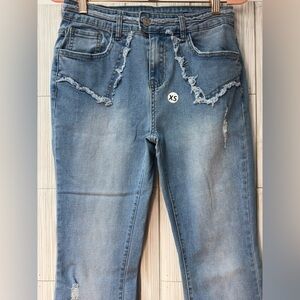 Distressed flare low/mid rise jeans